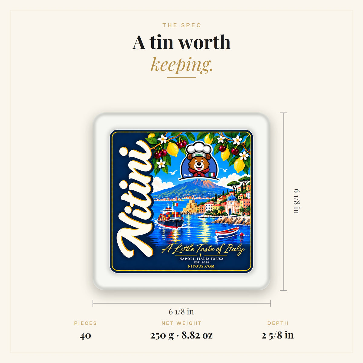 Nitini tin dimensions: 6 1/8 by 6 1/8 by 2 5/8 inches, 40 pieces, 250 g