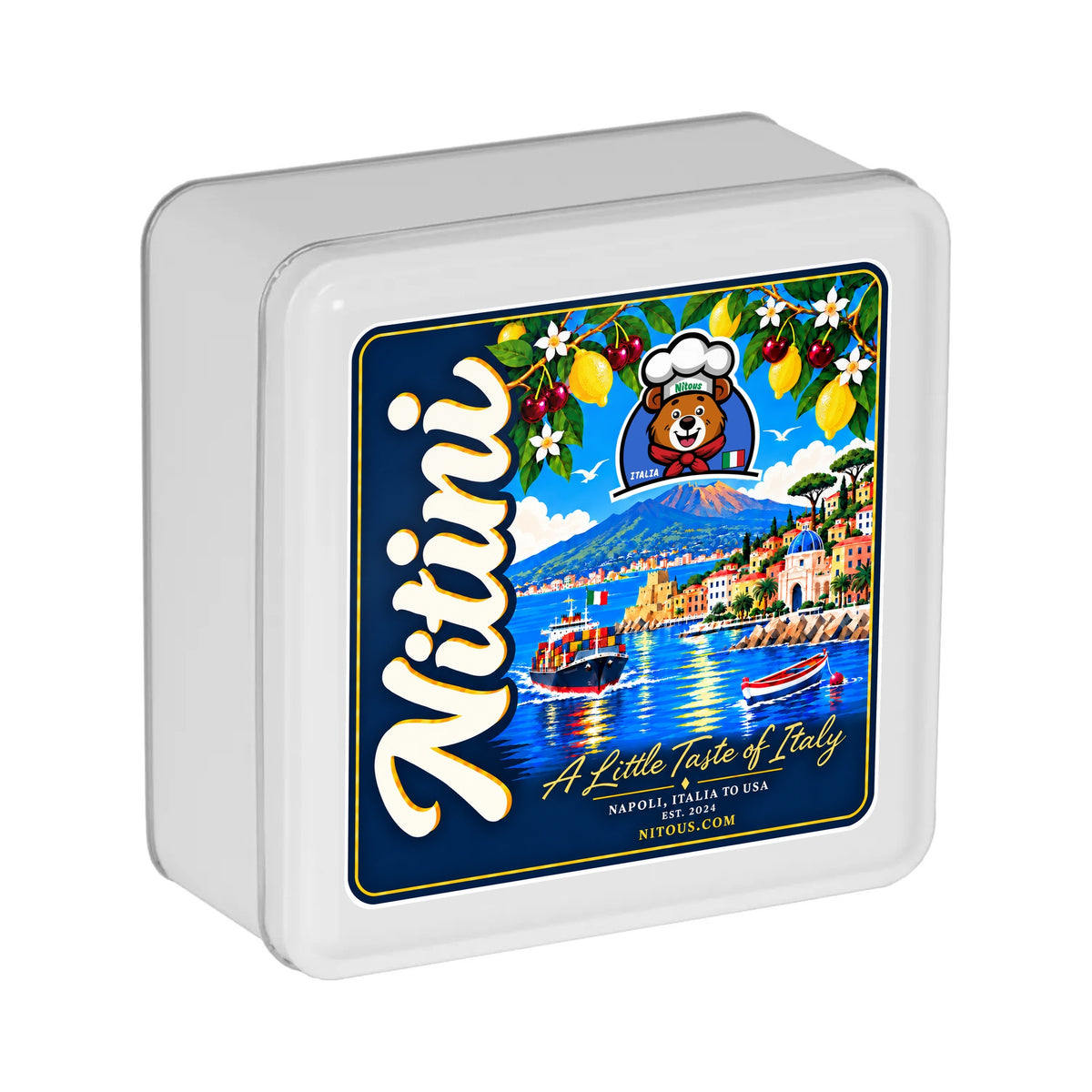 Nitini Complete Collection, white square tin with the Bay of Naples lid artwork